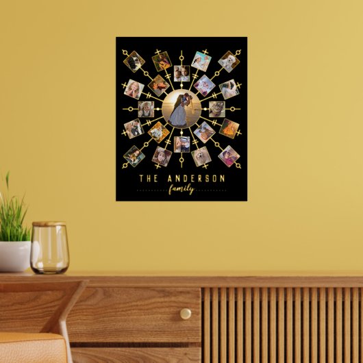 家族の写真コラージュ+名前21写真ブラック金ゴールド 箔ポスター (インサイチュ (リビング))
