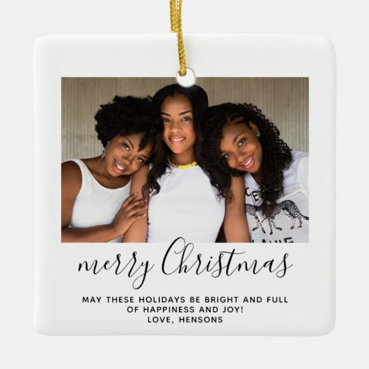 家族の写真シンプルのミニマリストスクリプトのクリスマス セラミックオーナメント (正面)