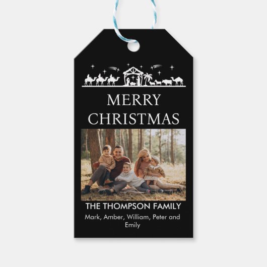 家族の写真シンプル出生宗教クリスマス ギフトタグ (正面)