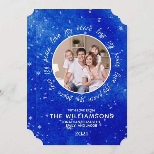 家族の写真ジョイ平和ラブスノーフレークのクリスマス シーズンカード (正面/裏面)