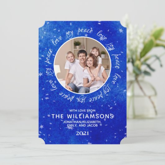 家族の写真ジョイ平和ラブスノーフレークのクリスマス シーズンカード (スタンド正面)