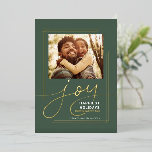 家族の写真スクリプト喜びクリスマス 箔シーズンカード (立ち正面)