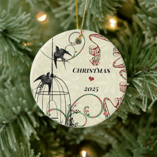 家族の写真ダマスクの鳥と鳥のケージ セラミックオーナメント (ツリー)