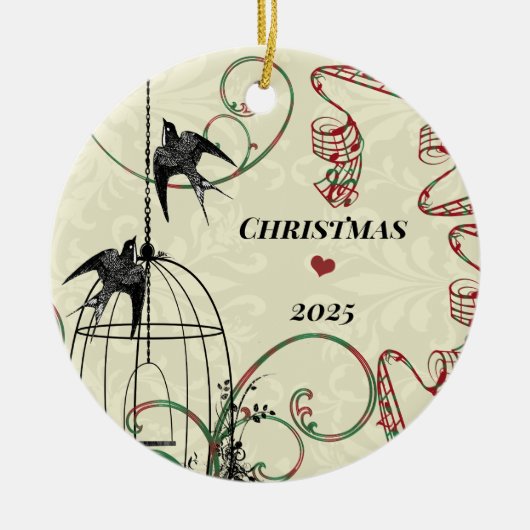 家族の写真ダマスクの鳥と鳥のケージ セラミックオーナメント (正面)