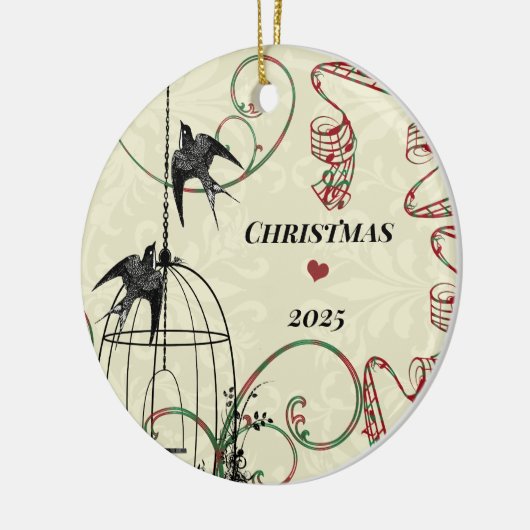 家族の写真ダマスクの鳥と鳥のケージ セラミックオーナメント (左)