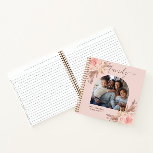 家族の写真パンパスグラスのピンクのフローラチェックリスト ノートブック (内部)
