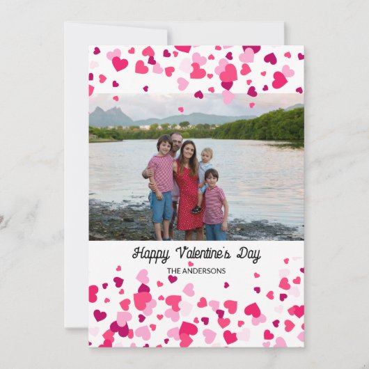 家族の写真ピンクの愛のハートフレームバレンタインデー シーズンカード (正面)