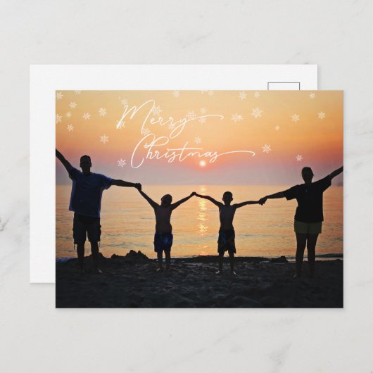 家族の写真ホワイトメリークリスマスフォントスノーフレーク ポストカード (正面/裏面)