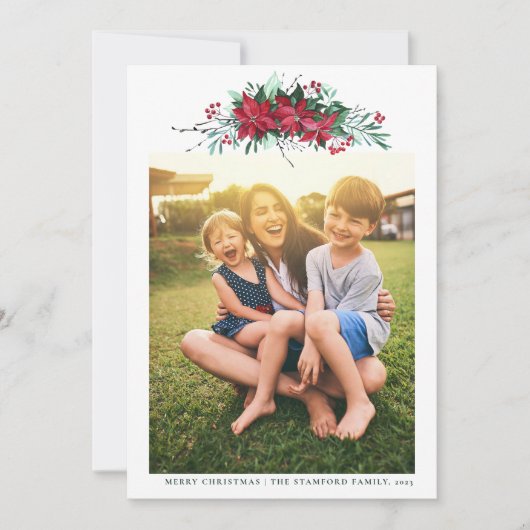 家族の写真ポインセチアのクリスマス シーズンカード (正面)
