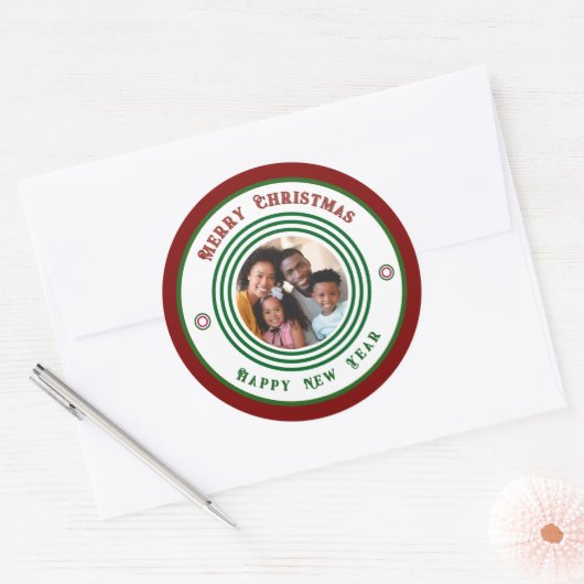 家族の写真メリークリスマス新年のパーソナライズ ラウンドシール (封筒)