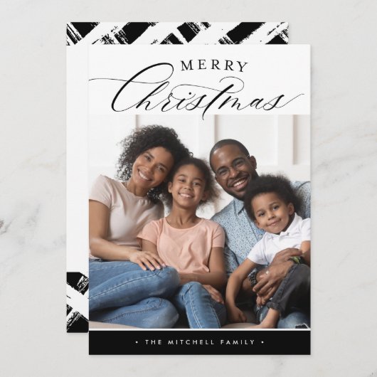 家族の写真メリークリスマス書道ブラック シーズンカード (正面/裏面)