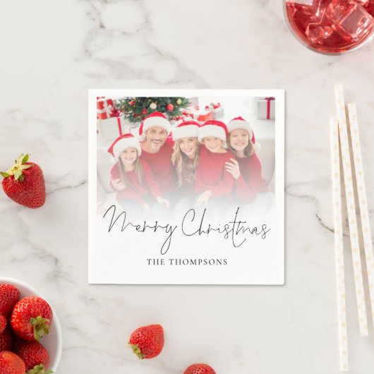 家族の写真モダンオーバーレイのスクリプトメリークリスマス スタンダードカクテルナプキン (インサイチュ)