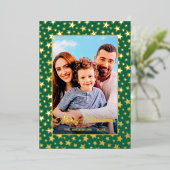 家族の写真モダンクリスマスの星スクリプト緑 箔シーズンカード (立ち正面)
