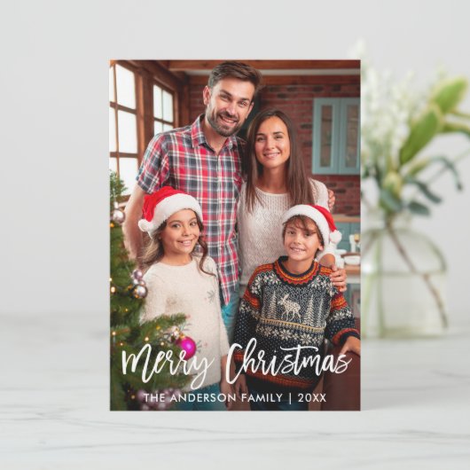 家族の写真モダンブラシスクリプトメリークリスマス シーズンカード (スタンド正面)