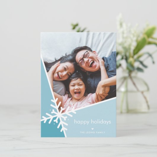 家族の写真モダン休日の雪のフレーク青 シーズンカード (スタンド正面)