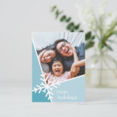 家族の写真モダン休日の雪のフレーク青 シーズンポストカード (スタンド正面)