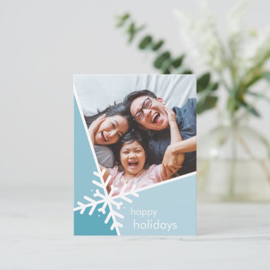 家族の写真モダン休日の雪のフレーク青 シーズンポストカード (スタンド正面)