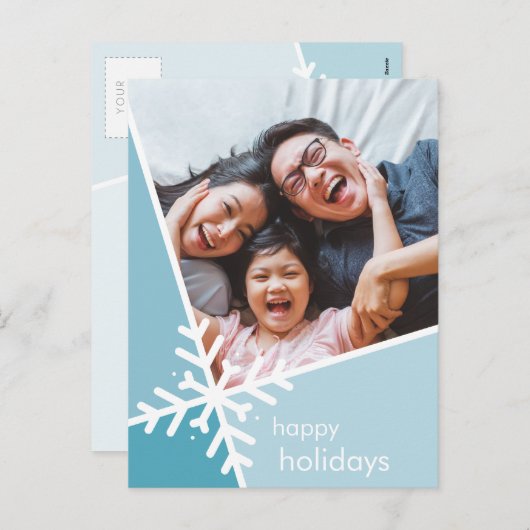 家族の写真モダン休日の雪のフレーク青 シーズンポストカード (正面/裏面)