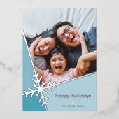 家族の写真モダン休日の雪のフレーク青 箔シーズンカード (正面)