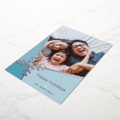 家族の写真モダン休日の雪のフレーク青 箔シーズンカード (回転した状態)