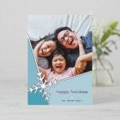家族の写真モダン休日の雪のフレーク青 箔シーズンカード (立ち正面)