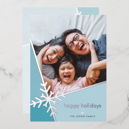 家族の写真モダン休日の雪のフレーク青 箔シーズンカード (正面/裏面)