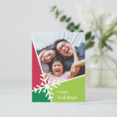 家族の写真モダン休日の雪フレーク緑の赤 シーズンポストカード (スタンド正面)