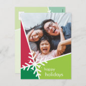 家族の写真モダン休日の雪フレーク緑の赤 シーズンポストカード (正面/裏面)