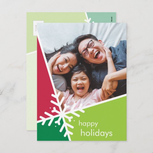 家族の写真モダン休日の雪フレーク緑の赤 シーズンポストカード (正面/裏面)