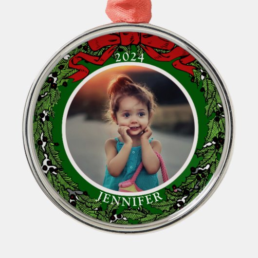 家族の写真モノグラム年を作成 メタルオーナメント (正面)