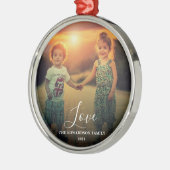 家族の写真ラブスクリプト家族の名前クリスマス メタルオーナメント (左)