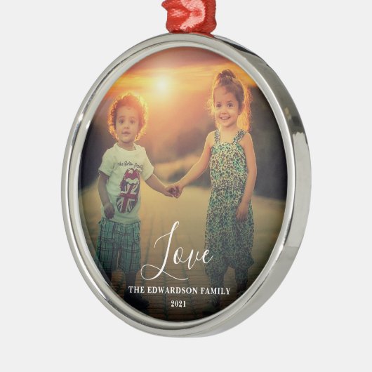 家族の写真ラブスクリプト家族の名前クリスマス メタルオーナメント (左)