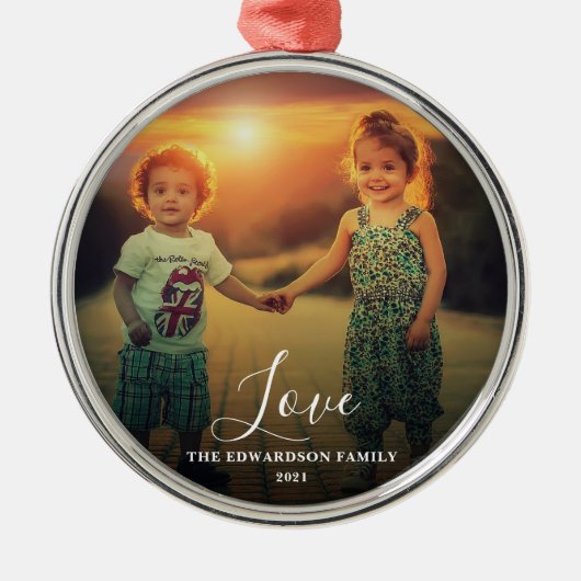 家族の写真ラブスクリプト家族の名前クリスマス メタルオーナメント (正面)