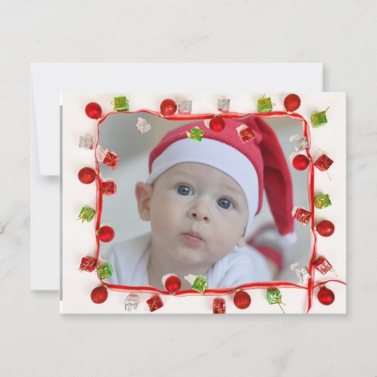 家族の写真レッド&グリーンの縁どクリスマスカード シーズンカード (正面)