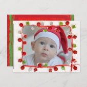 家族の写真レッド&グリーンの縁どクリスマスカード シーズンカード (正面/裏面)