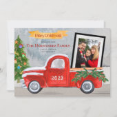 家族の写真ヴィンテージ赤トラック冬のクリスマス シーズンカード (正面)