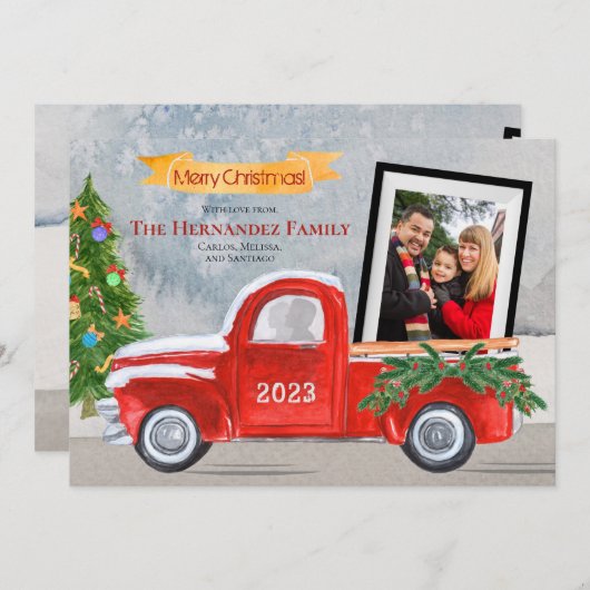 家族の写真ヴィンテージ赤トラック冬のクリスマス シーズンカード (正面/裏面)