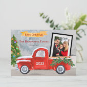 家族の写真ヴィンテージ赤トラック冬のクリスマス シーズンカード (スタンド正面)