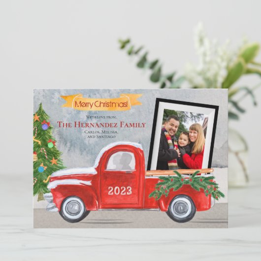 家族の写真ヴィンテージ赤トラック冬のクリスマス シーズンカード (スタンド正面)