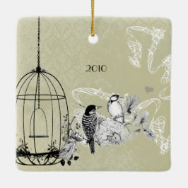 家族の写真ヴィンテージ鳥とダマスクの鳥のケージ セラミックオーナメント