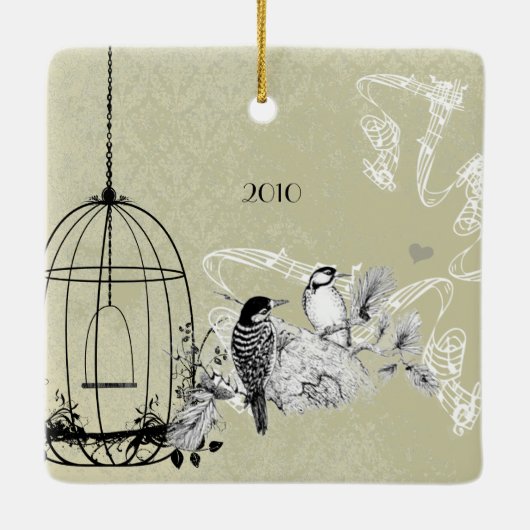 家族の写真ヴィンテージ鳥とダマスクの鳥のケージ セラミックオーナメント (裏面)