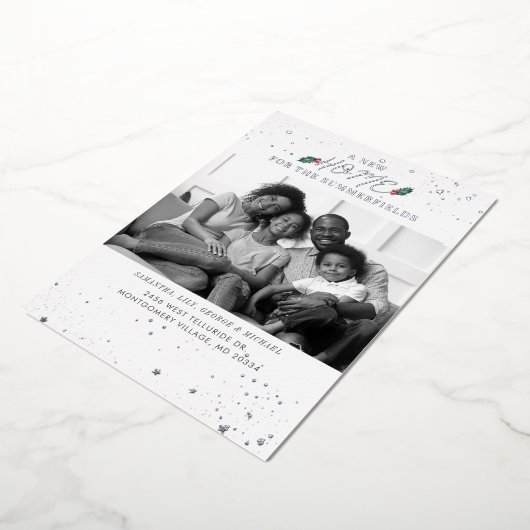 家族の写真引っ越しましたクリスマスムービングシルバー 箔シーズンカード (回転した状態)