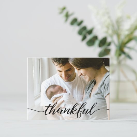 家族の写真感謝していあなたベビー誕生のお知らせ ポストカード (スタンド正面)