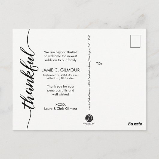 家族の写真感謝していあなたベビー誕生のお知らせ ポストカード (裏面)