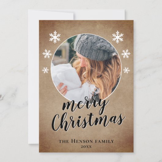 家族の写真素朴雪の結晶メリークリスマス シーズンカード (正面)