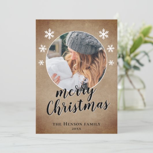 家族の写真素朴雪の結晶メリークリスマス シーズンカード (スタンド正面)
