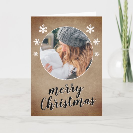 家族の写真素朴雪の結晶メリークリスマス シーズンカード (正面)