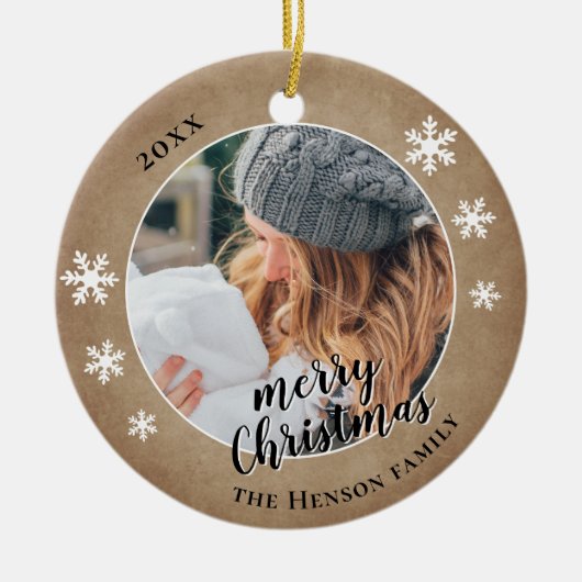 家族の写真素朴雪の結晶メリークリスマス セラミックオーナメント (正面)