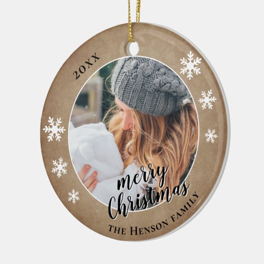 家族の写真素朴雪の結晶メリークリスマス セラミックオーナメント (左)