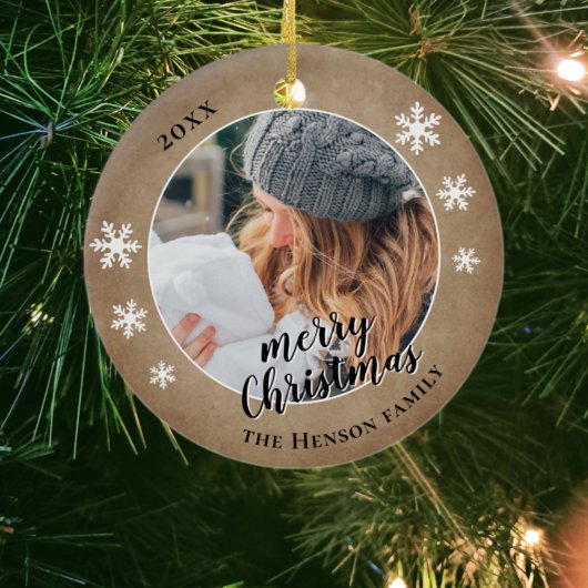 家族の写真素朴雪の結晶メリークリスマス セラミックオーナメント